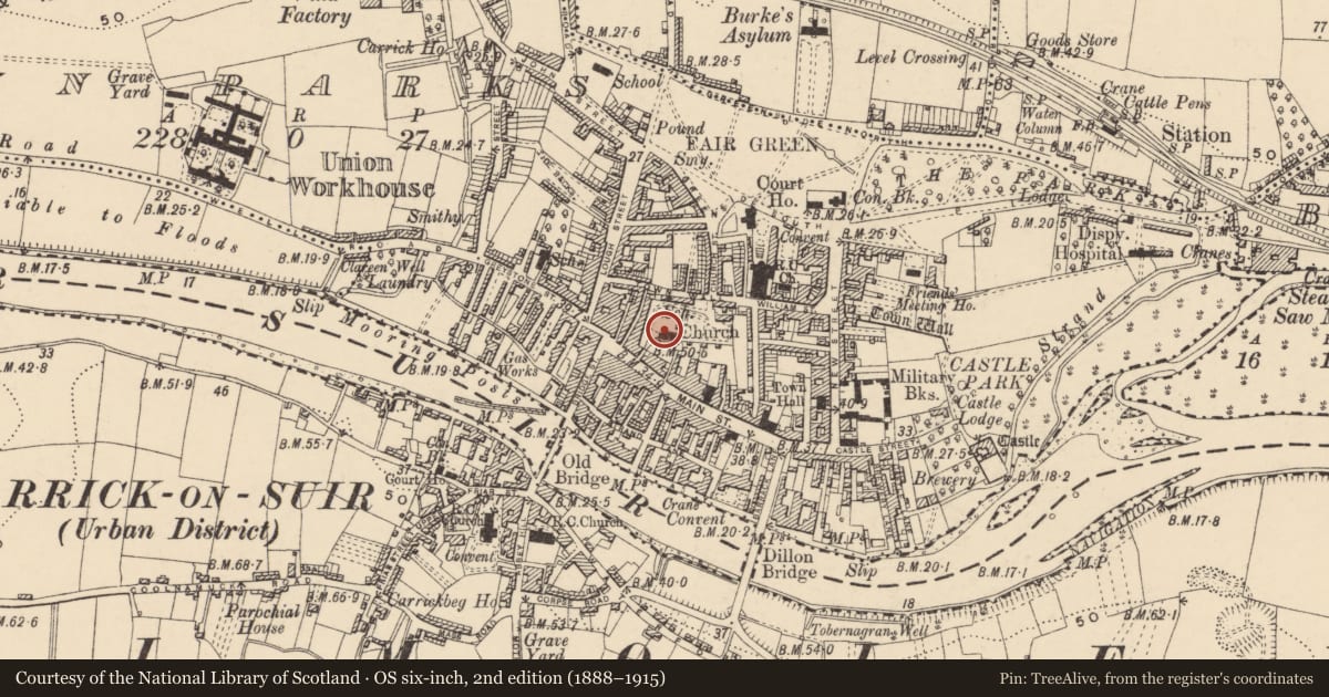 Ordnance Survey six-inch map, 2nd edition (1888–1915) covering the location of Stone sculpture, Town Parks, County Tipperary South, with a pin at the register's coordinates