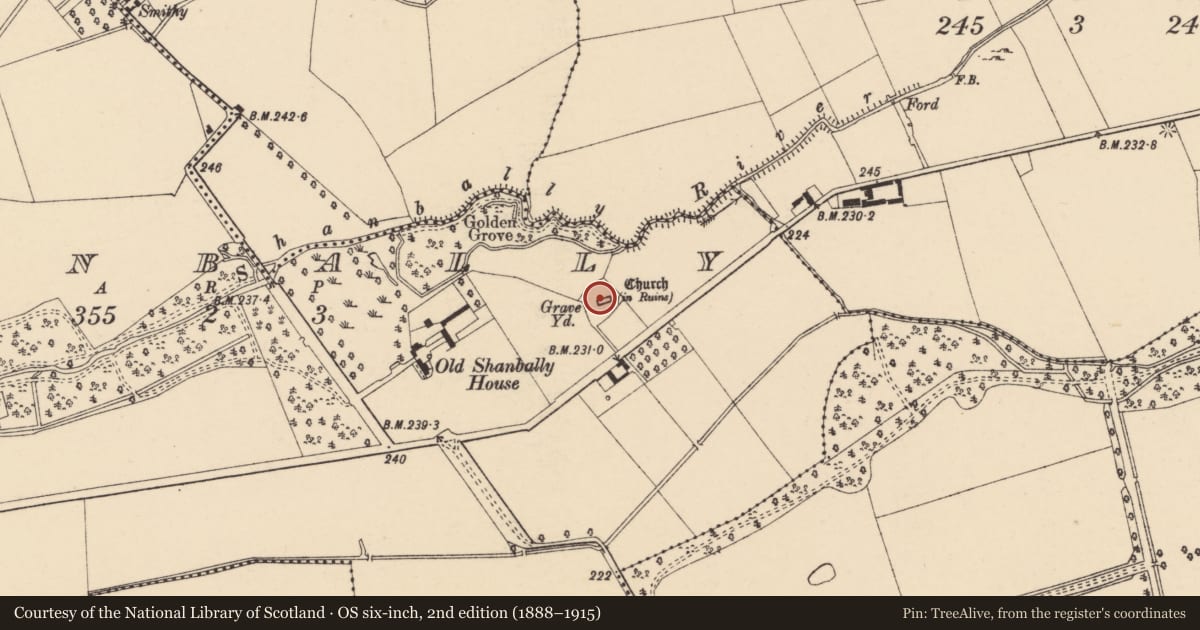 Ordnance Survey six-inch map, 2nd edition (1888–1915) covering the location of Graveyard, Shanbally (Shanrahan Par.), County Tipperary South, with a pin at the register's coordinates