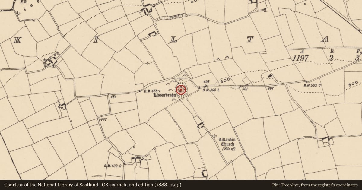 Ordnance Survey six-inch map, 2nd edition (1888–1915) covering the location of Ringfort - rath, Kiltankin, County Tipperary South, with a pin at the register's coordinates