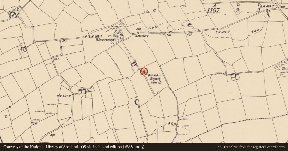 Ordnance Survey six-inch map, 2nd edition (1888–1915) covering the location of Church, Kiltankin, County Tipperary South, with a pin at the register's coordinates