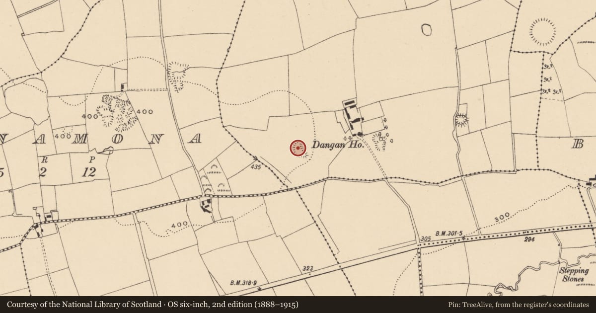 Ordnance Survey six-inch map, 2nd edition (1888–1915) covering the location of Enclosure, Dangan, County Tipperary South, with a pin at the register's coordinates