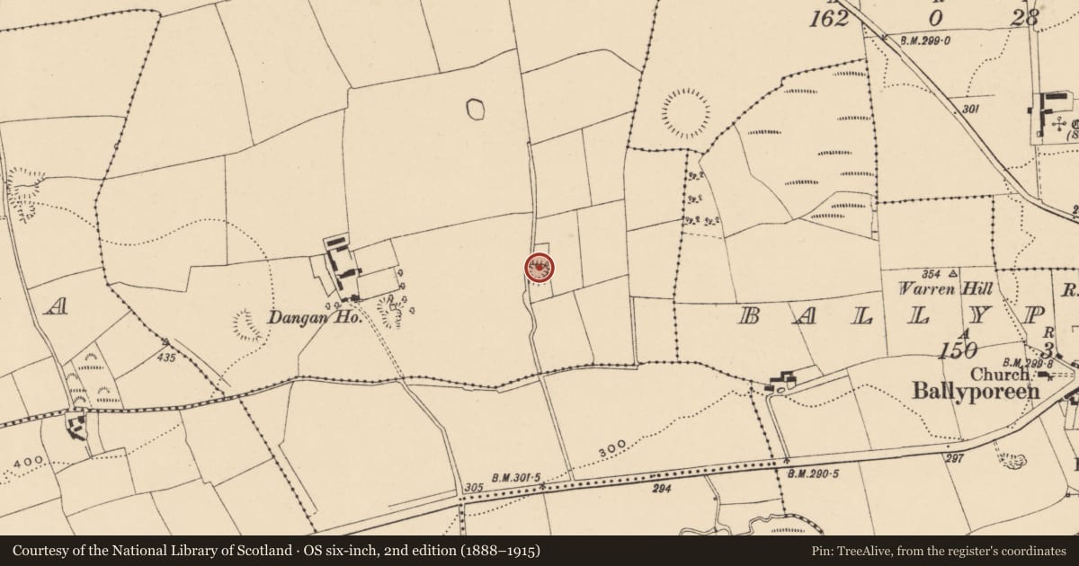 Ordnance Survey six-inch map, 2nd edition (1888–1915) covering the location of Ringfort - rath, Dangan, County Tipperary South, with a pin at the register's coordinates