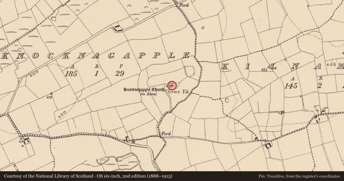 Ordnance Survey six-inch map, 2nd edition (1888–1915) covering the location of Graveyard, Knocknagapple (Templetenny Par.), County Tipperary South, with a pin at the register's coordinates