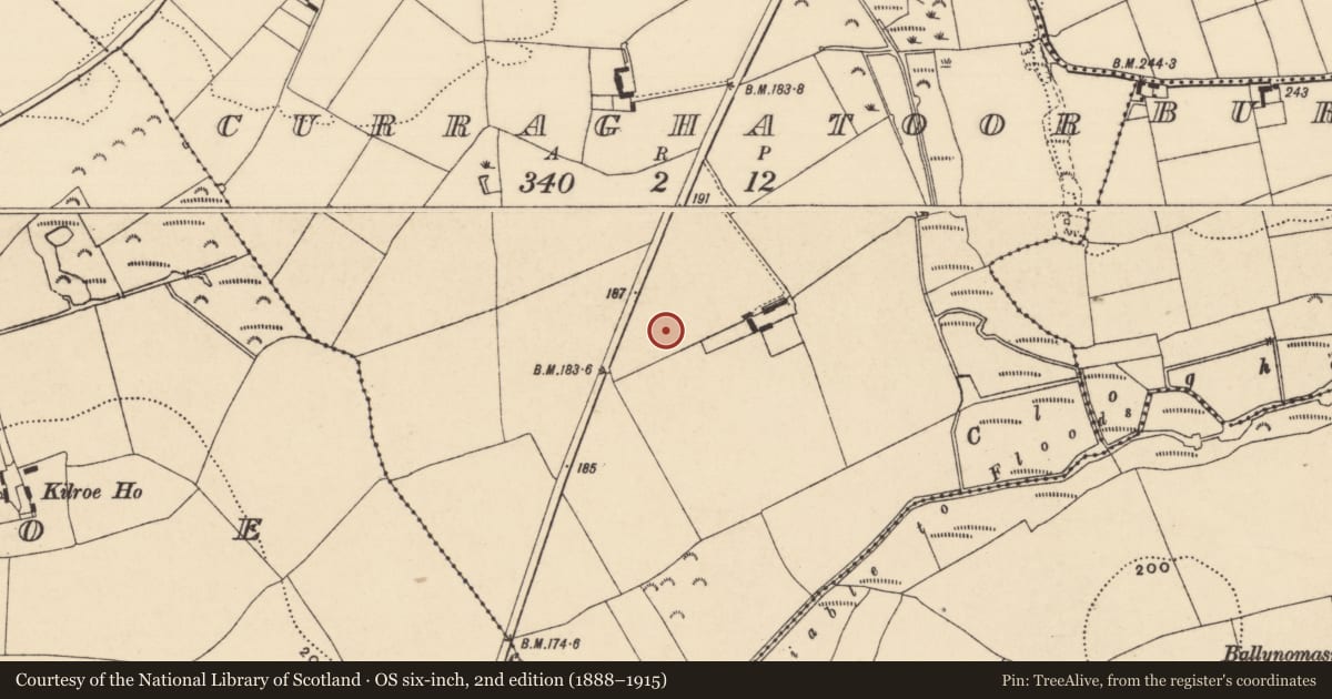 Ordnance Survey six-inch map, 2nd edition (1888–1915) covering the location of Structure, Curraghatoor, County Tipperary South, with a pin at the register's coordinates