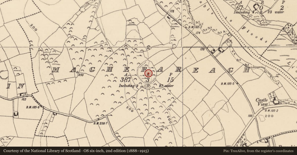 Ordnance Survey six-inch map, 2nd edition (1888–1915) covering the location of Enclosure, Magherareagh (Tubbrid Par.), County Tipperary South, with a pin at the register's coordinates
