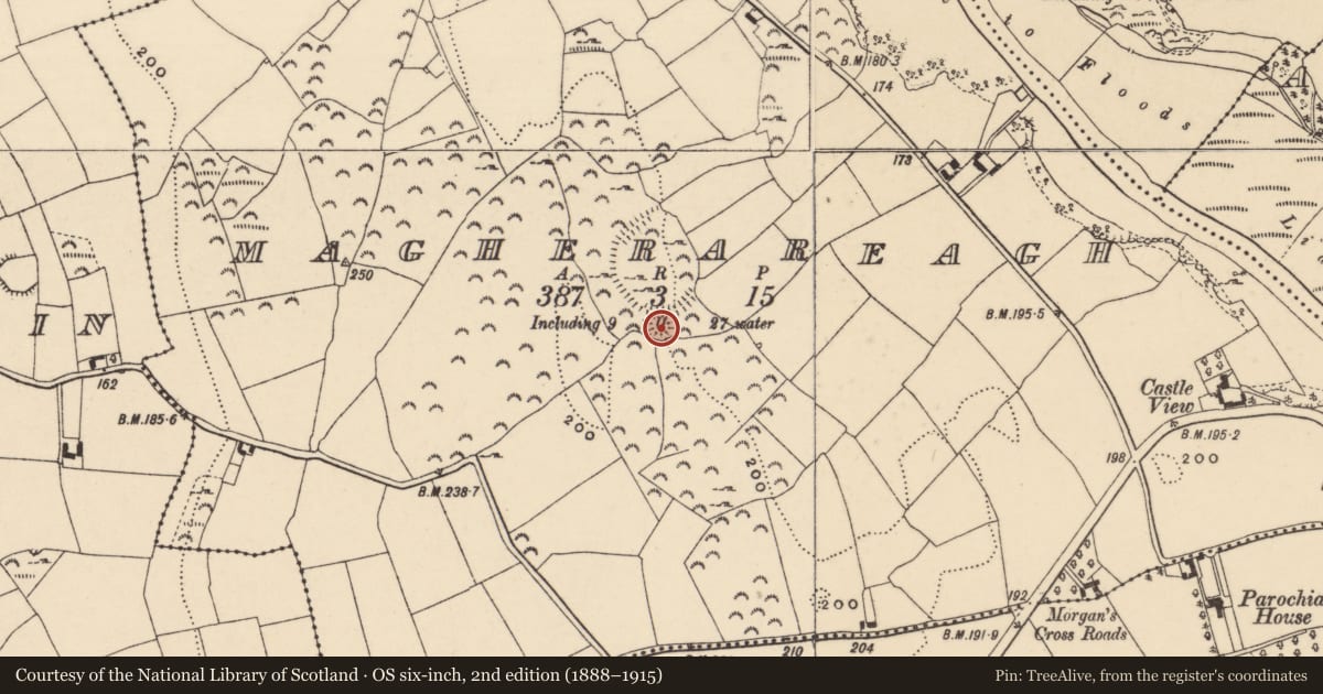 Ordnance Survey six-inch map, 2nd edition (1888–1915) covering the location of Enclosure, Magherareagh (Tubbrid Par.), County Tipperary South, with a pin at the register's coordinates