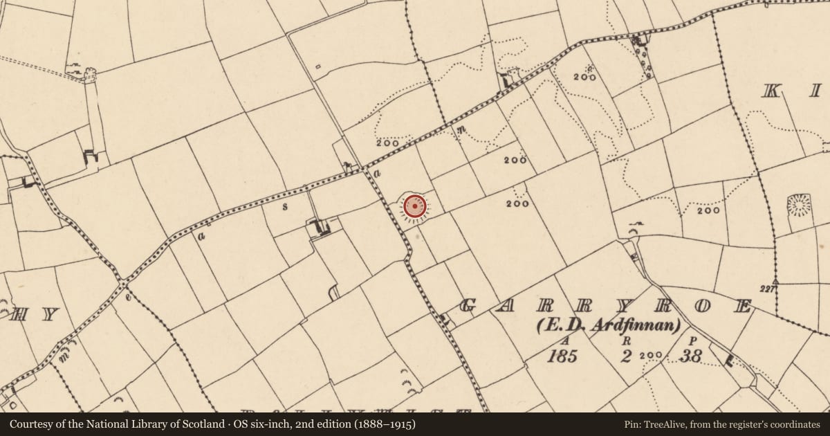 Ordnance Survey six-inch map, 2nd edition (1888–1915) covering the location of Ringfort - rath, Garryroe (Ballybacon Par.), County Tipperary South, with a pin at the register's coordinates