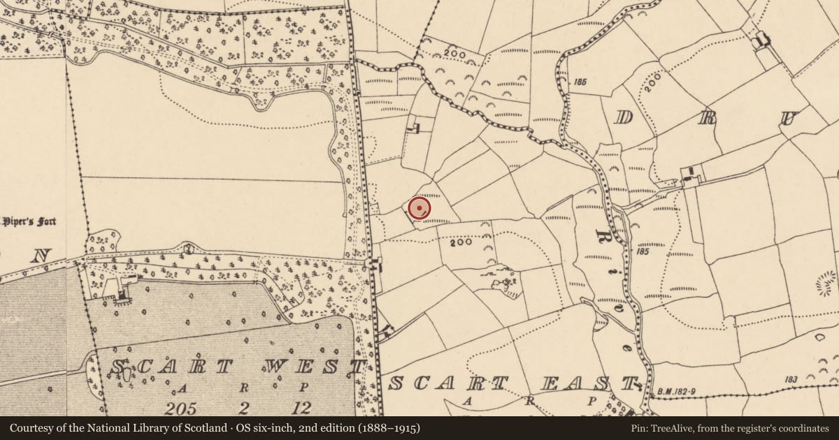 Ordnance Survey six-inch map, 2nd edition (1888–1915) covering the location of Moated site, Scart East, County Tipperary South, with a pin at the register's coordinates
