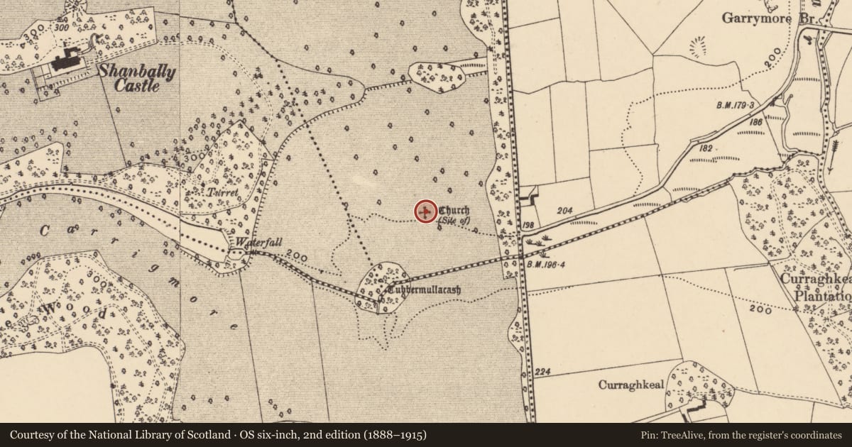 Ordnance Survey six-inch map, 2nd edition (1888–1915) covering the location of Church, Scart West, County Tipperary South, with a pin at the register's coordinates