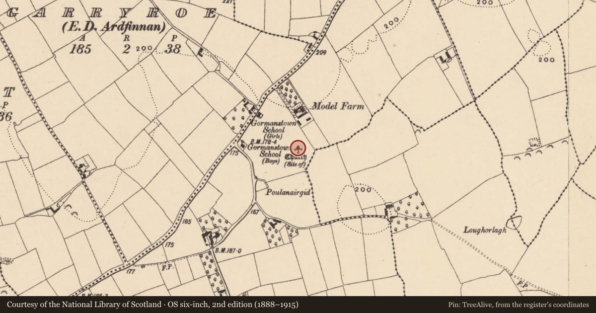 Ordnance Survey six-inch map, 2nd edition (1888–1915) covering the location of Church, Gormanstown, County Tipperary South, with a pin at the register's coordinates