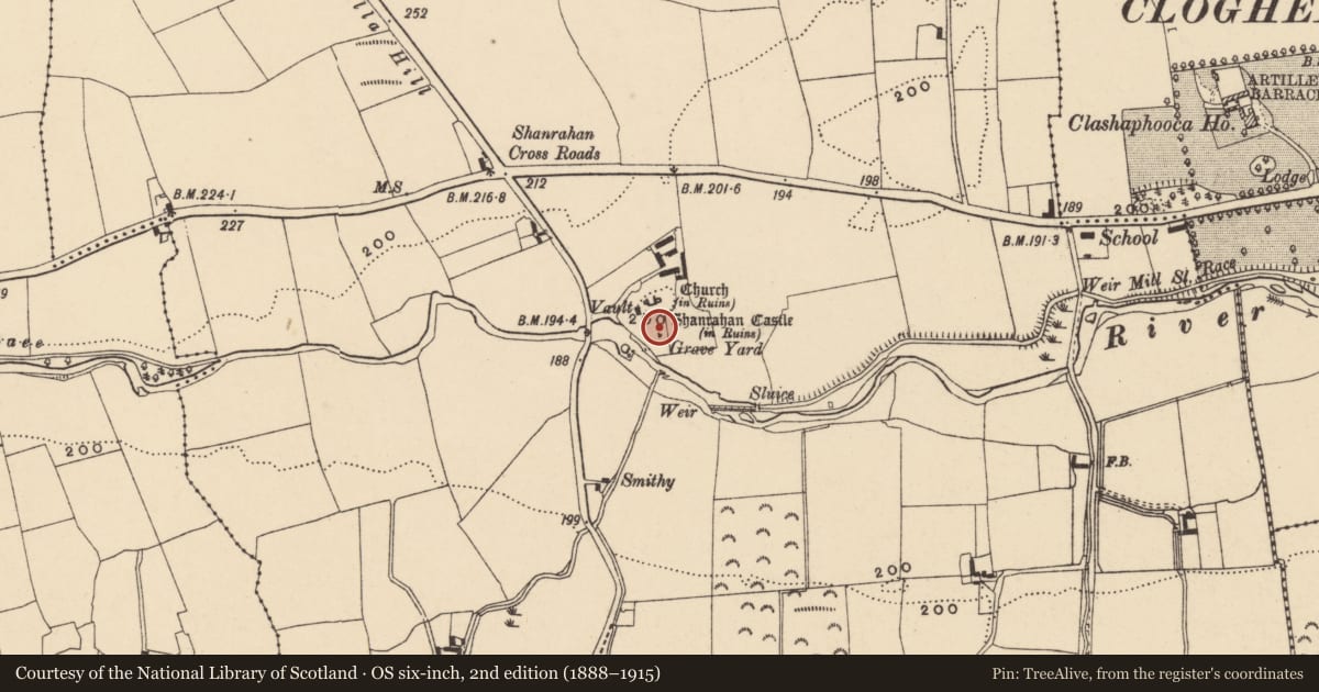 Ordnance Survey six-inch map, 2nd edition (1888–1915) covering the location of Castle - hall-house, Shanrahan, County Tipperary South, with a pin at the register's coordinates