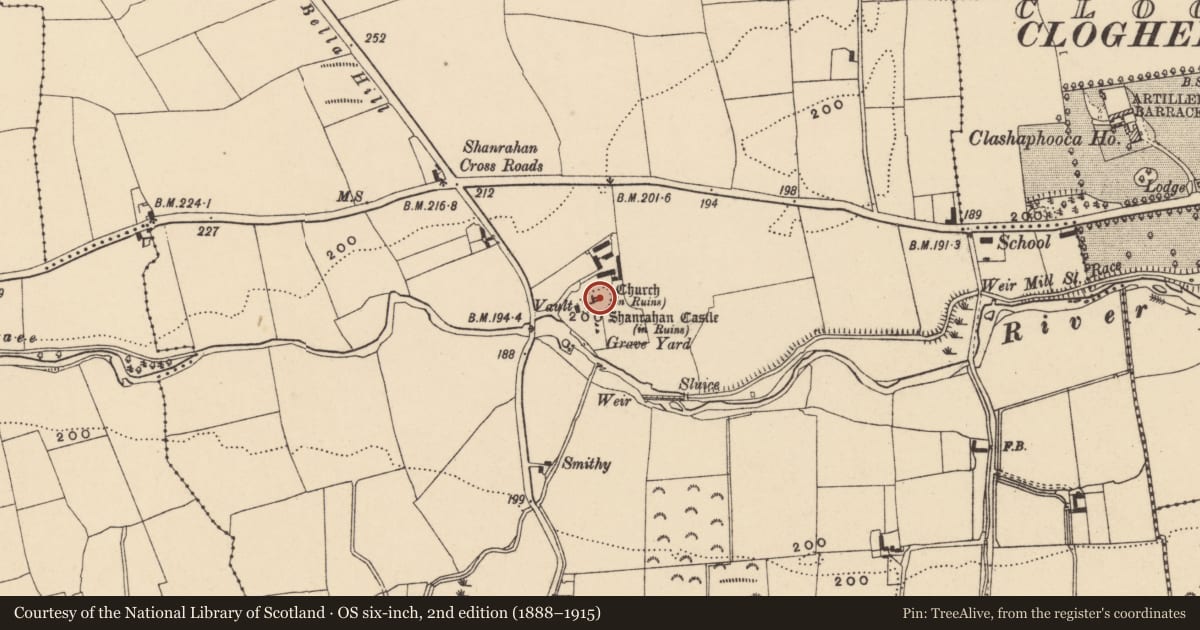 Ordnance Survey six-inch map, 2nd edition (1888–1915) covering the location of Sheela-na-gig, Shanrahan, County Tipperary South, with a pin at the register's coordinates