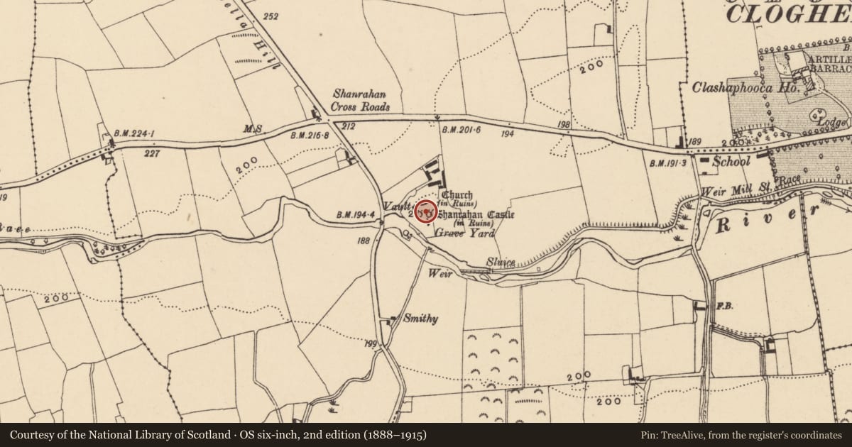 Ordnance Survey six-inch map, 2nd edition (1888–1915) covering the location of Graveyard, Shanrahan, County Tipperary South, with a pin at the register's coordinates