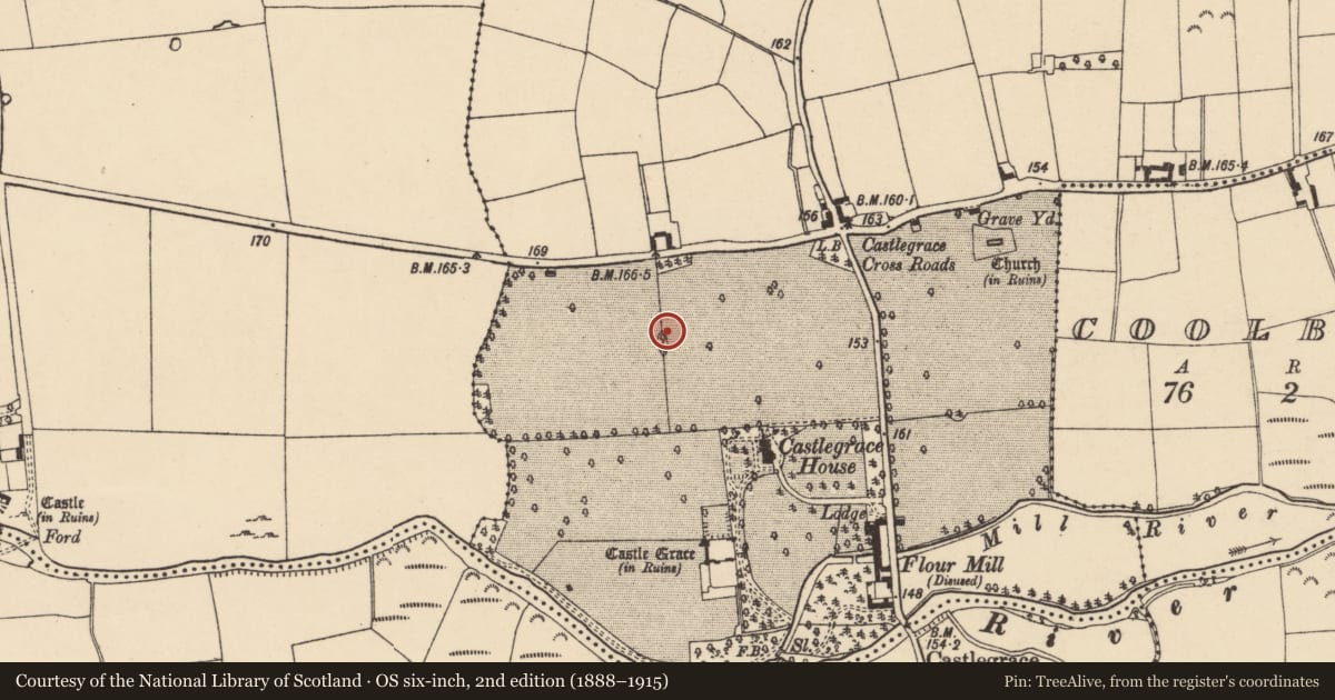 Ordnance Survey six-inch map, 2nd edition (1888–1915) covering the location of Enclosure, Castlegrace, County Tipperary South, with a pin at the register's coordinates