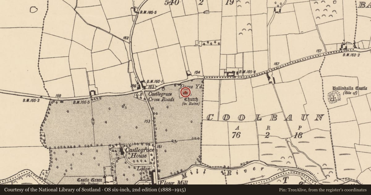 Ordnance Survey six-inch map, 2nd edition (1888–1915) covering the location of Church, Castlegrace, County Tipperary South, with a pin at the register's coordinates