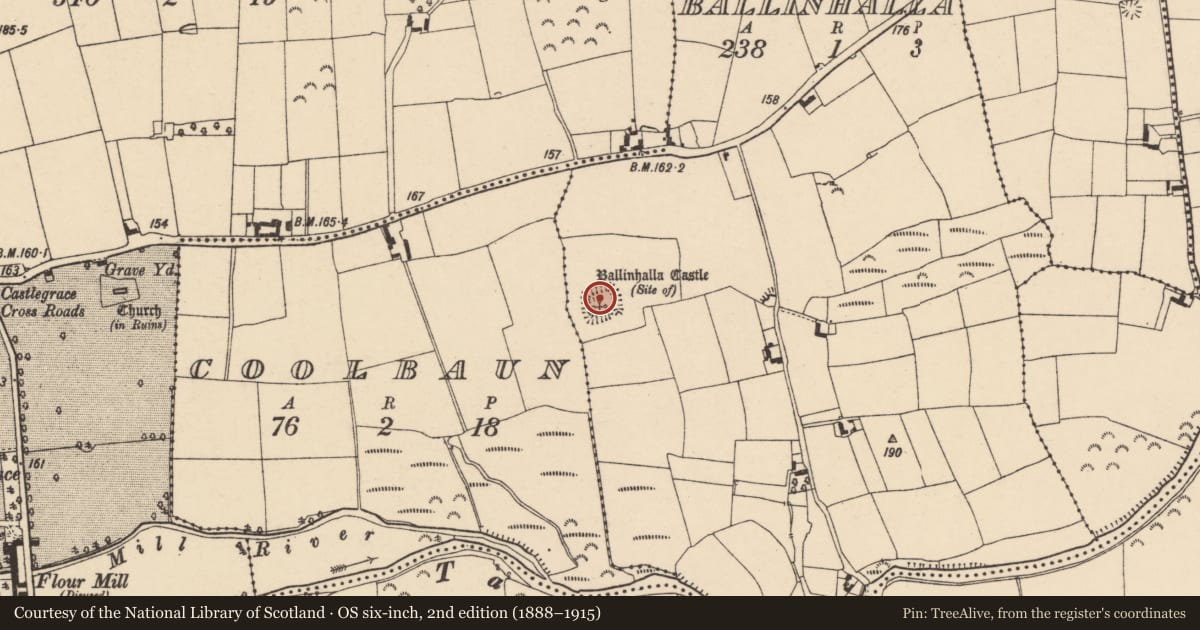 Ordnance Survey six-inch map, 2nd edition (1888–1915) covering the location of Moated site, Ballinhalla, County Tipperary South, with a pin at the register's coordinates