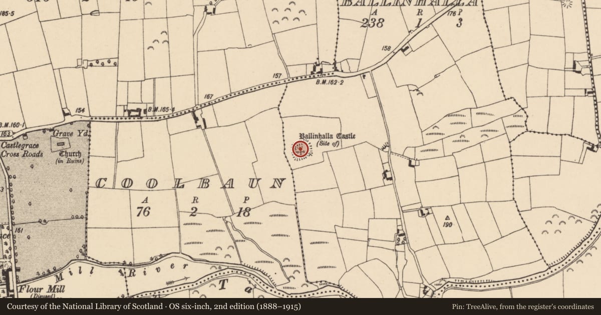Ordnance Survey six-inch map, 2nd edition (1888–1915) covering the location of Castle - unclassified, Ballinhalla, County Tipperary South, with a pin at the register's coordinates