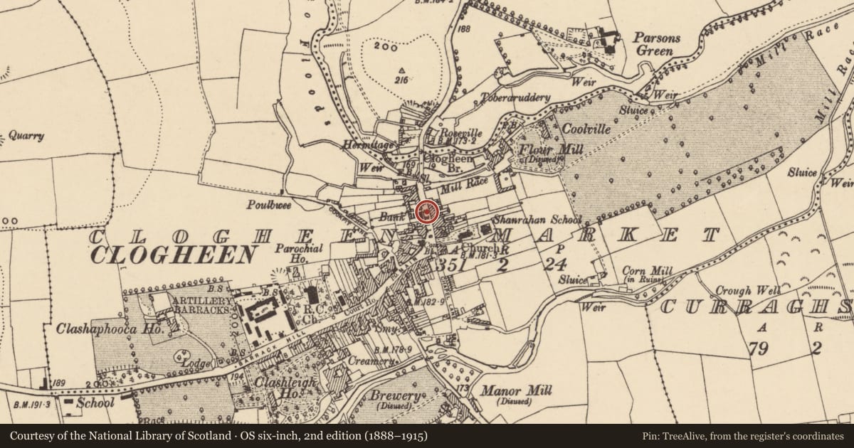 Ordnance Survey six-inch map, 2nd edition (1888–1915) covering the location of Settlement cluster, Ballyboy West, Clogheen Market, County Tipperary South, with a pin at the register's coordinates