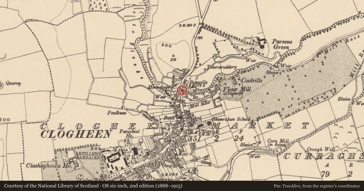 Ordnance Survey six-inch map, 2nd edition (1888–1915) covering the location of Bridge, Ballyboy West, Clogheen Market, County Tipperary South, with a pin at the register's coordinates