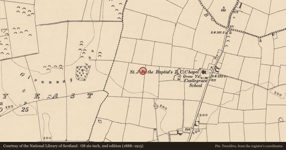 Ordnance Survey six-inch map, 2nd edition (1888–1915) covering the location of Enclosure, Castlegrace, County Tipperary South, with a pin at the register's coordinates