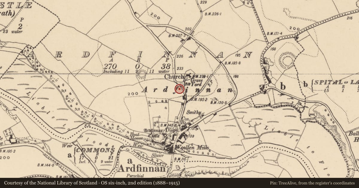 Ordnance Survey six-inch map, 2nd edition (1888–1915) covering the location of Settlement deserted - medieval, Ardfinnan, Commons (Ardfinnan Par.), County Tipperary South, with a pin at the register's coordinates