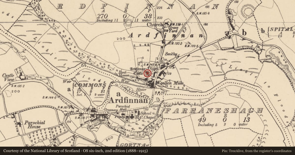 Ordnance Survey six-inch map, 2nd edition (1888–1915) covering the location of Castle - Anglo-Norman masonry castle, Ardfinnan, County Tipperary South, with a pin at the register's coordinates