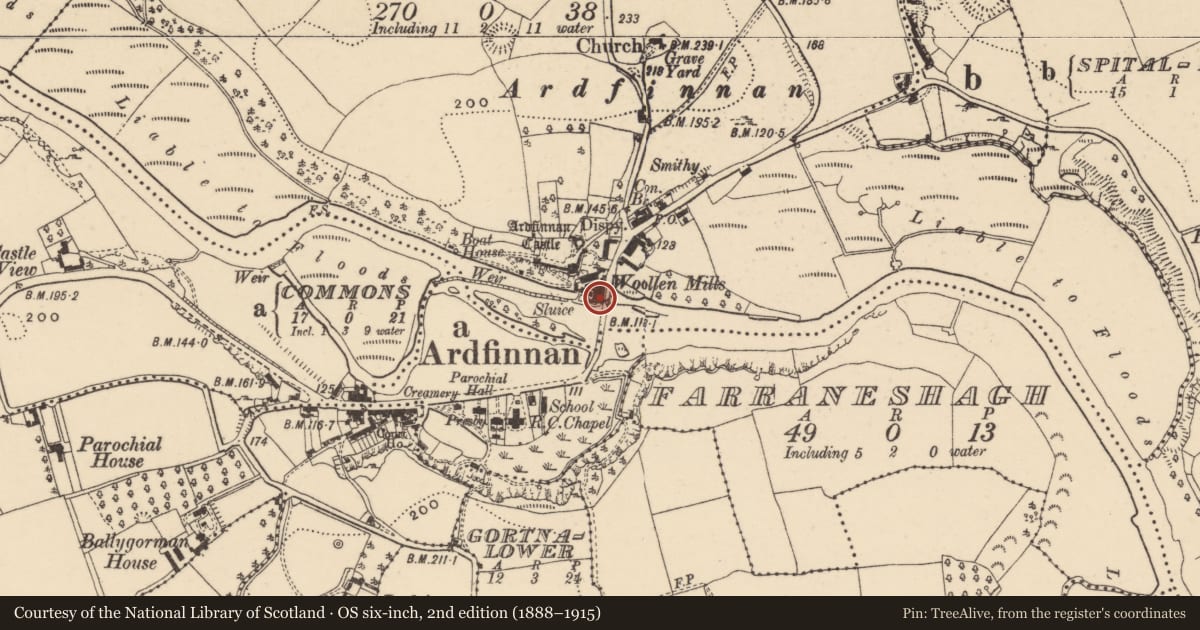 Ordnance Survey six-inch map, 2nd edition (1888–1915) covering the location of Mill - unclassified, Ardfinnan, County Tipperary South, with a pin at the register's coordinates