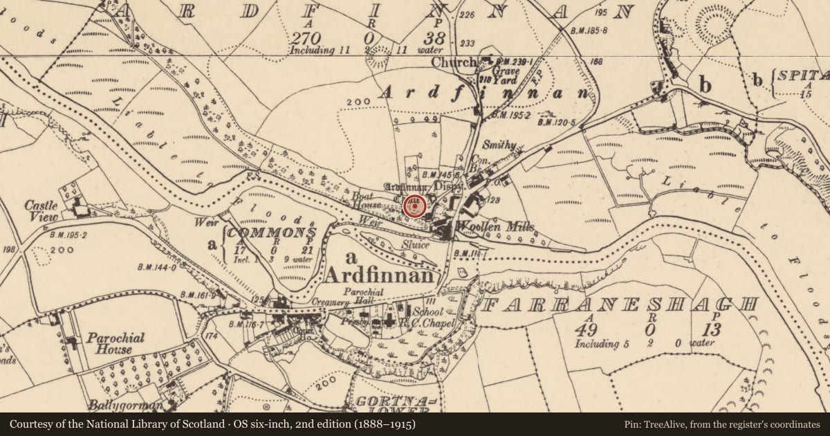 Ordnance Survey six-inch map, 2nd edition (1888–1915) covering the location of Bawn, Ardfinnan, County Tipperary South, with a pin at the register's coordinates