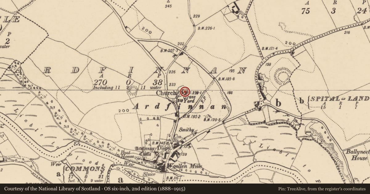 Ordnance Survey six-inch map, 2nd edition (1888–1915) covering the location of Tomb - chest tomb, Ardfinnan, County Tipperary South, with a pin at the register's coordinates