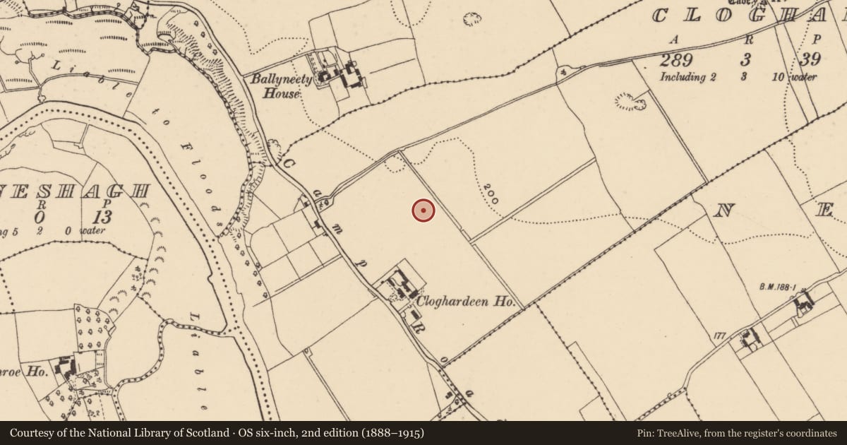Ordnance Survey six-inch map, 2nd edition (1888–1915) covering the location of Enclosure, Cloghardeen (Neddans Par.), County Tipperary South, with a pin at the register's coordinates