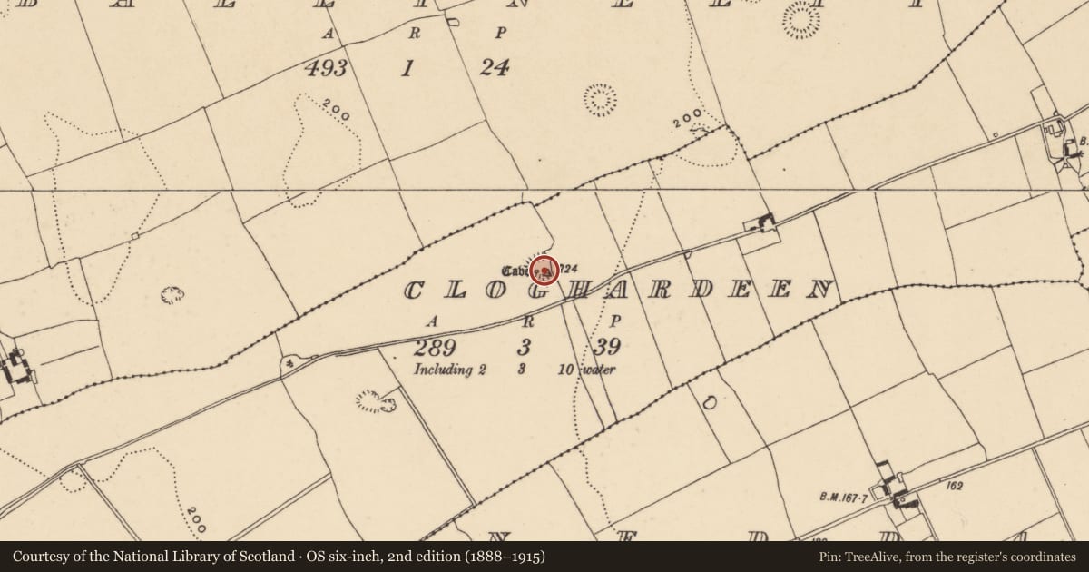 Ordnance Survey six-inch map, 2nd edition (1888–1915) covering the location of Ringfort - rath, Cloghardeen (Neddans Par.), County Tipperary South, with a pin at the register's coordinates