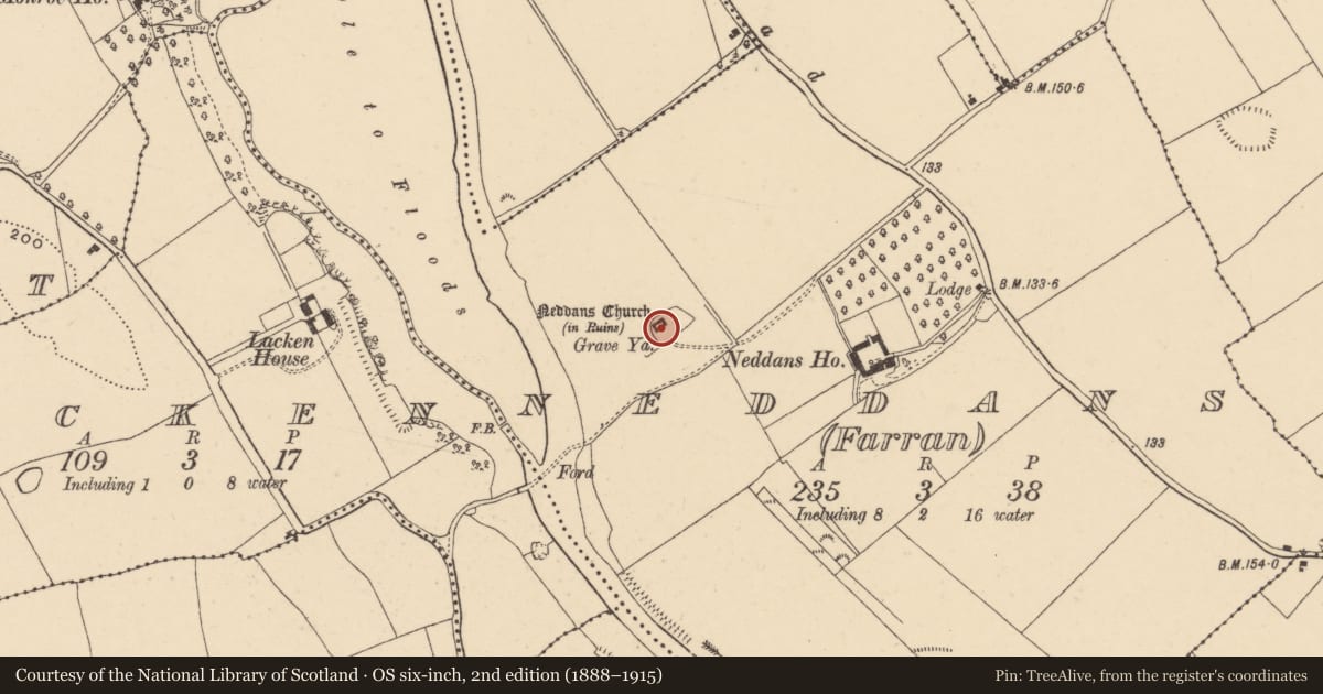 Ordnance Survey six-inch map, 2nd edition (1888–1915) covering the location of Church, Neddans (Farran), County Tipperary South, with a pin at the register's coordinates