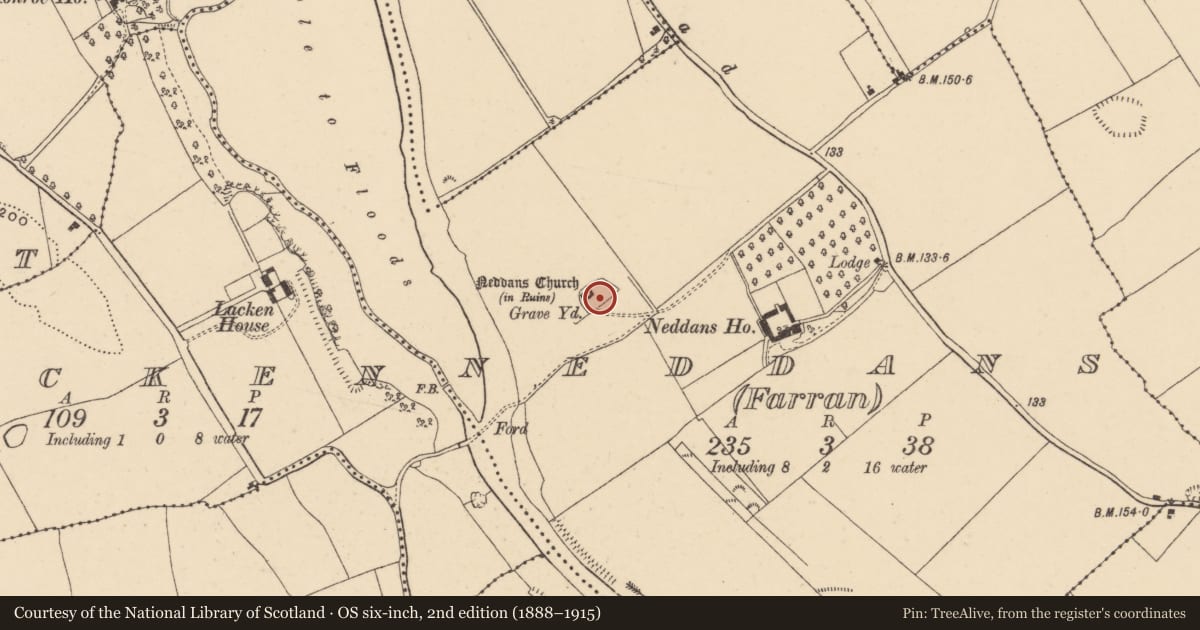 Ordnance Survey six-inch map, 2nd edition (1888–1915) covering the location of Graveyard, Neddans (Farran), County Tipperary South, with a pin at the register's coordinates