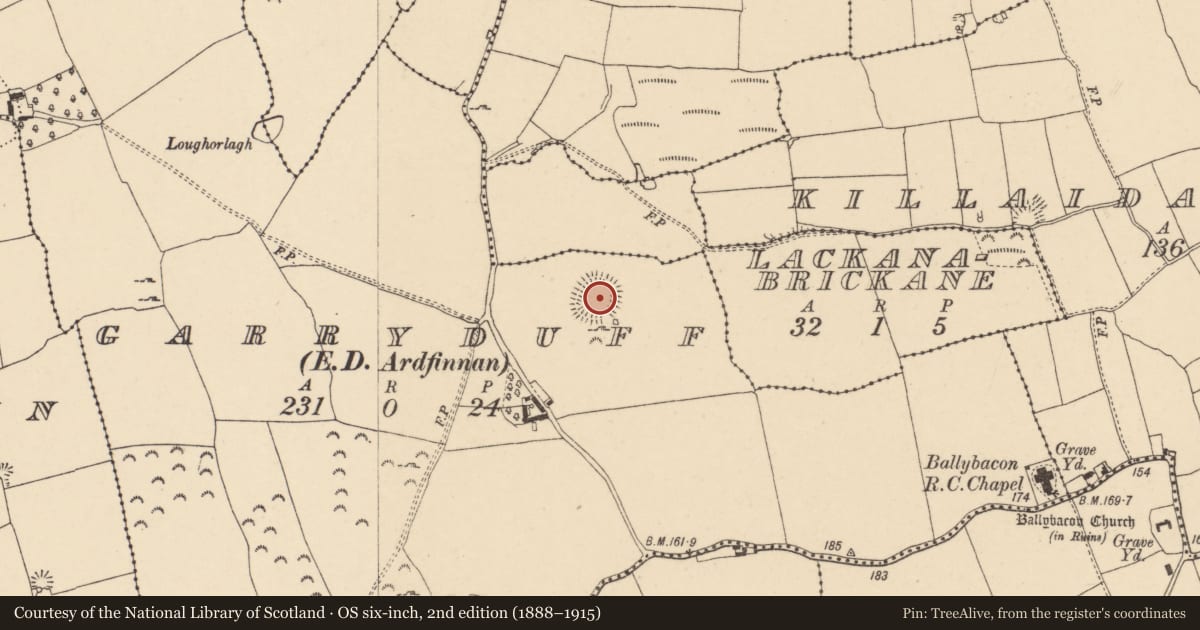 Ordnance Survey six-inch map, 2nd edition (1888–1915) covering the location of Enclosure, Garryduff (Ballybacon Par.), County Tipperary South, with a pin at the register's coordinates