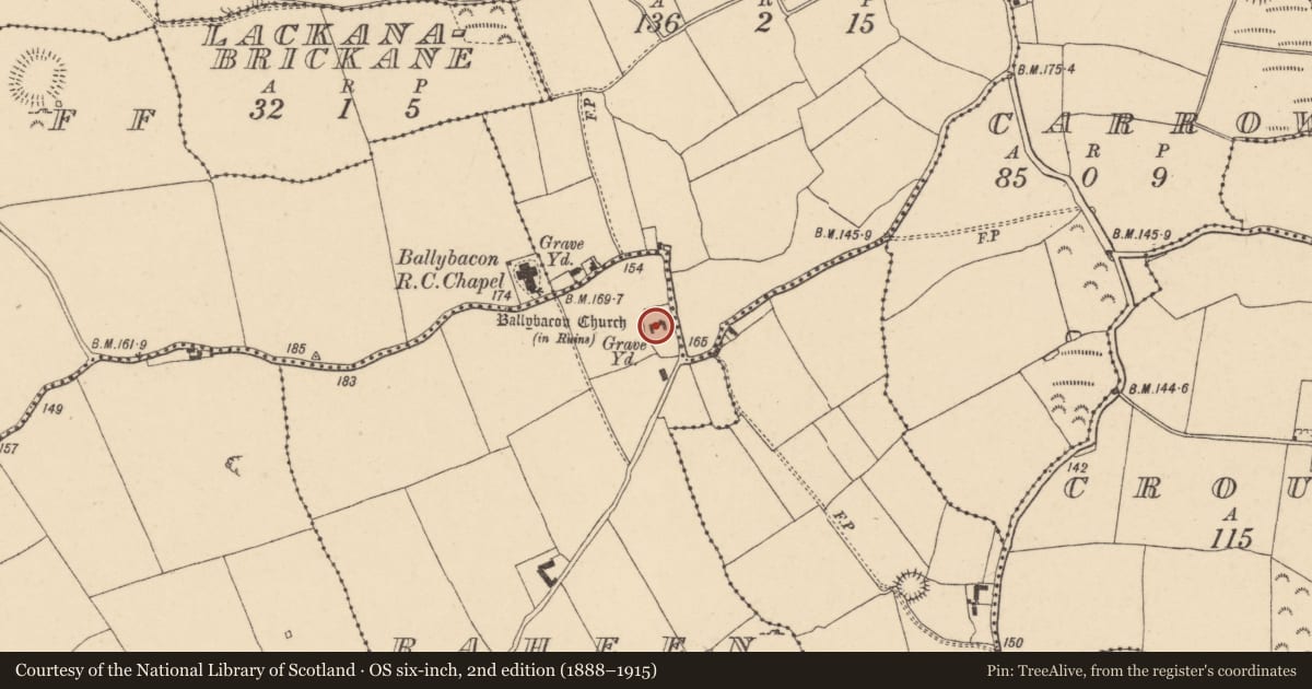 Ordnance Survey six-inch map, 2nd edition (1888–1915) covering the location of Church, Raheen (Ballybacon Par.), County Tipperary South, with a pin at the register's coordinates