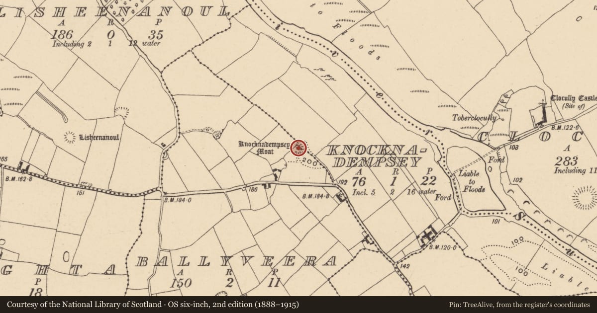Ordnance Survey six-inch map, 2nd edition (1888–1915) covering the location of Barrow - mound barrow, Ballyveera, Knocknadempsey, County Tipperary South, with a pin at the register's coordinates
