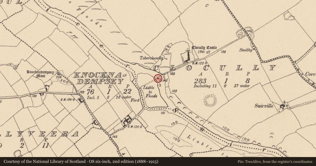 Ordnance Survey six-inch map, 2nd edition (1888–1915) covering the location of Ford, Clocully, County Tipperary South, with a pin at the register's coordinates