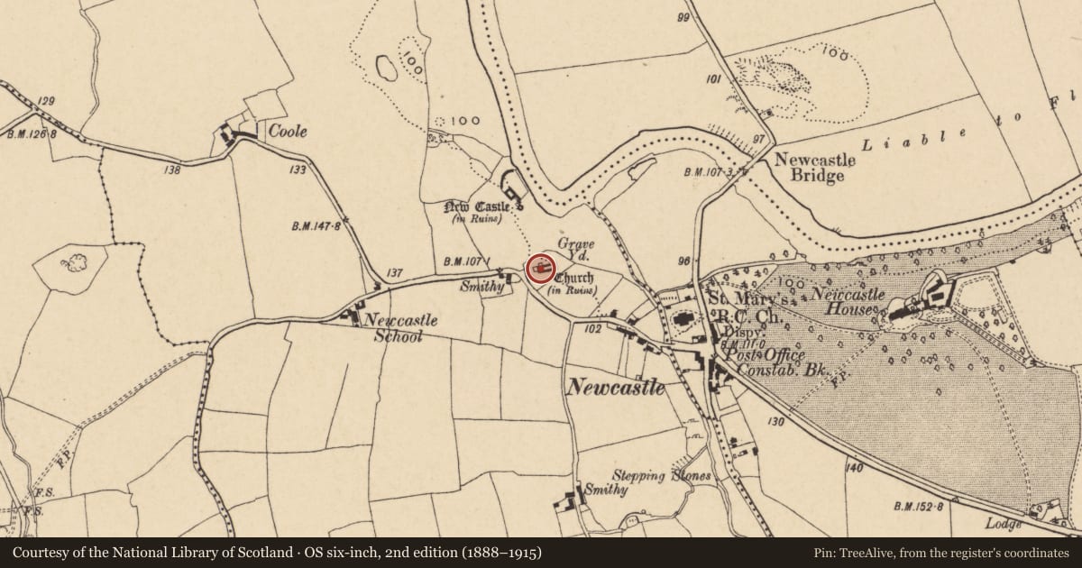 Ordnance Survey six-inch map, 2nd edition (1888–1915) covering the location of Church, Middlequarter (Newcastle Par.), County Tipperary South, with a pin at the register's coordinates