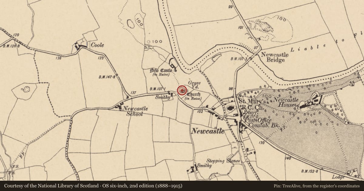 Ordnance Survey six-inch map, 2nd edition (1888–1915) covering the location of Graveyard, Middlequarter (Newcastle Par.), County Tipperary South, with a pin at the register's coordinates