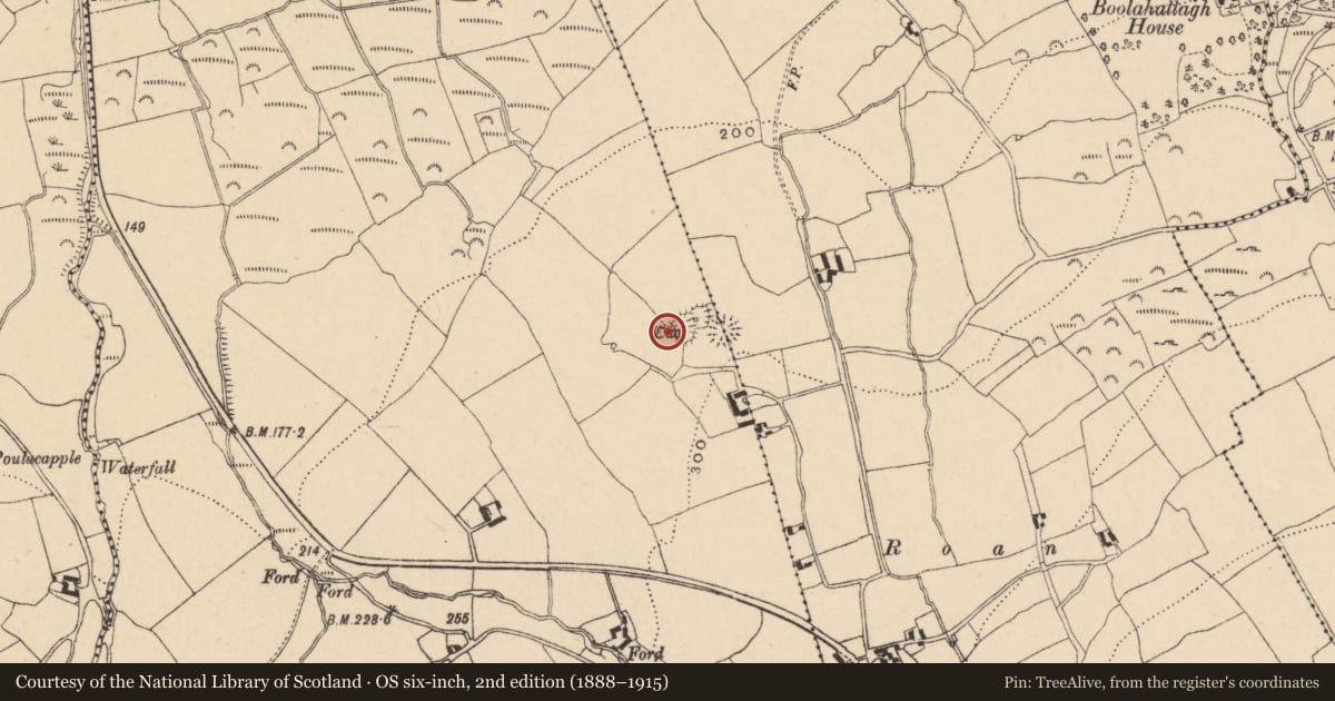 Ordnance Survey six-inch map, 2nd edition (1888–1915) covering the location of Souterrain, Clashganny West, County Tipperary South, with a pin at the register's coordinates