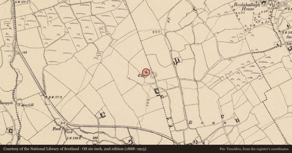 Ordnance Survey six-inch map, 2nd edition (1888–1915) covering the location of Enclosure, Clashganny West, County Tipperary South, with a pin at the register's coordinates
