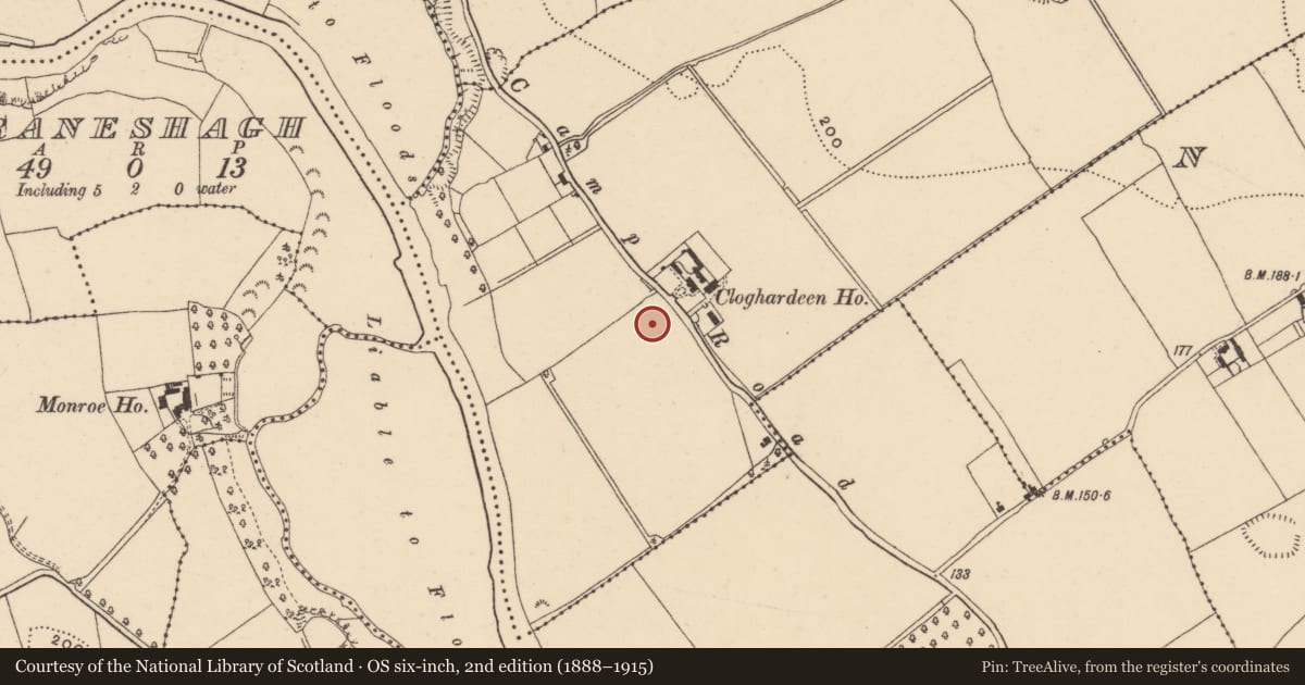 Ordnance Survey six-inch map, 2nd edition (1888–1915) covering the location of Souterrain, Cloghardeen (Neddans Par.), County Tipperary South, with a pin at the register's coordinates