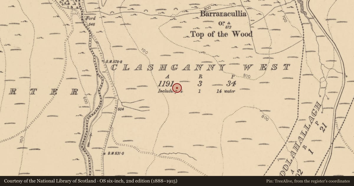 Ordnance Survey six-inch map, 2nd edition (1888–1915) covering the location of Enclosure, Clashganny West, County Tipperary South, with a pin at the register's coordinates