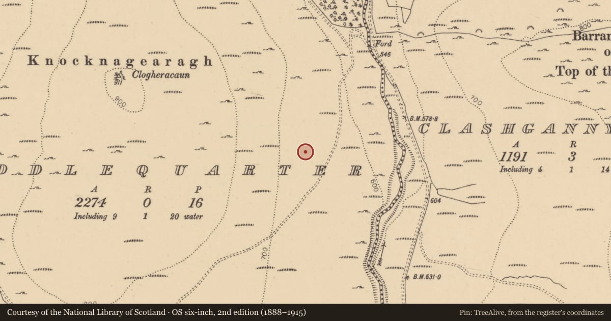 Ordnance Survey six-inch map, 2nd edition (1888–1915) covering the location of Cairn - unclassified, Middlequarter (Newcastle Par.), County Tipperary South, with a pin at the register's coordinates