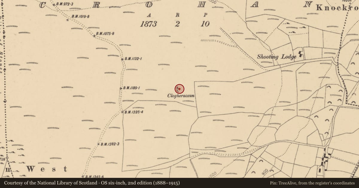 Ordnance Survey six-inch map, 2nd edition (1888–1915) covering the location of Cairn - unclassified, Crohan, County Tipperary South, with a pin at the register's coordinates
