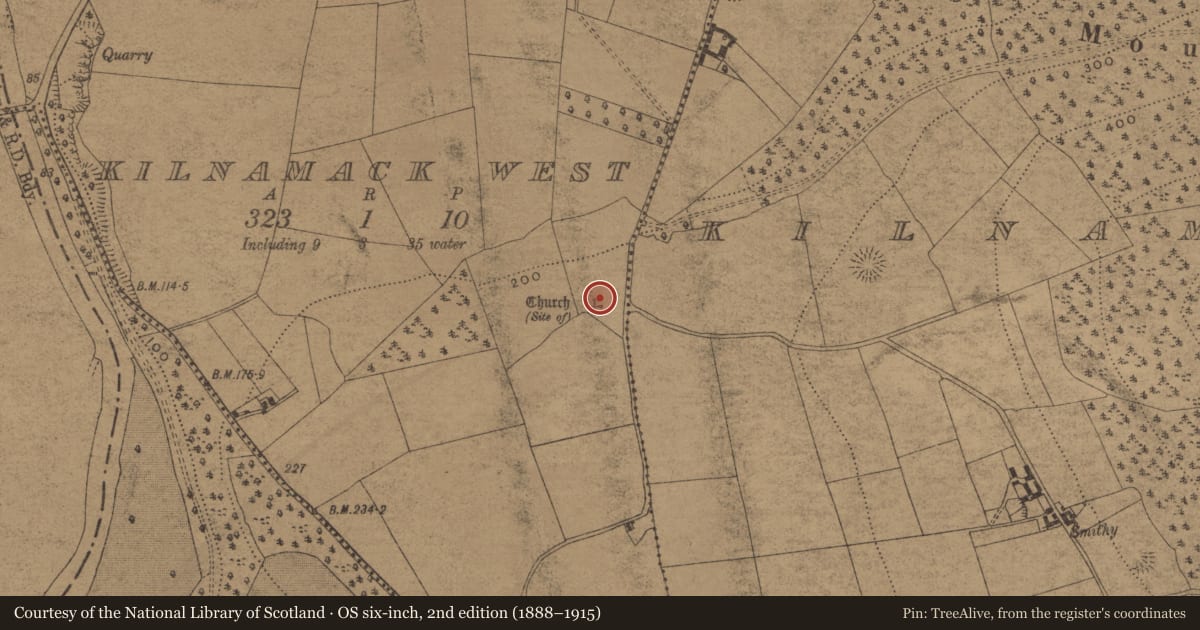 Ordnance Survey six-inch map, 2nd edition (1888–1915) covering the location of Church, Kilnamack West, County Waterford, with a pin at the register's coordinates