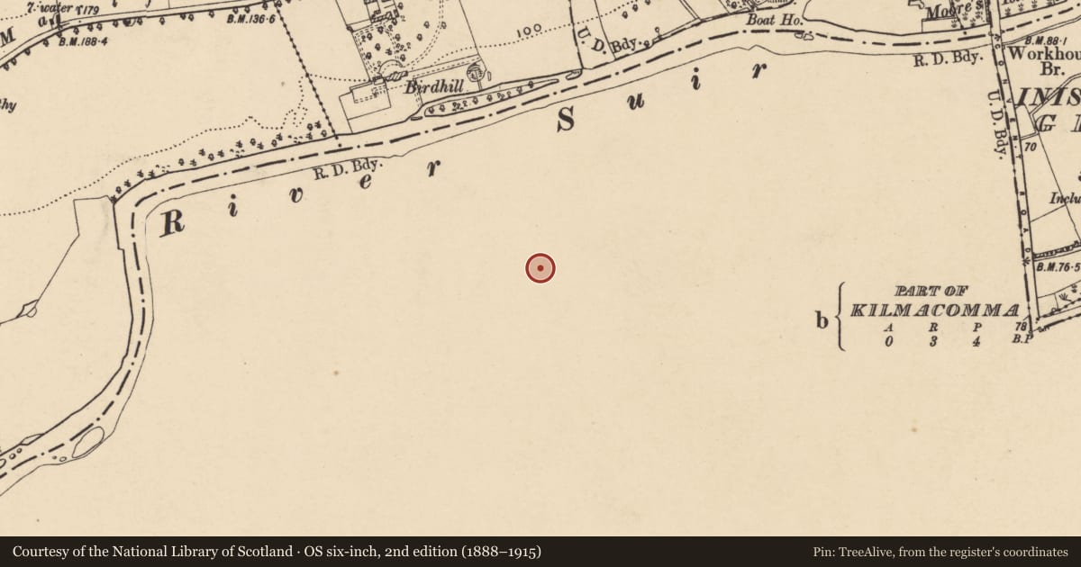 Ordnance Survey six-inch map, 2nd edition (1888–1915) covering the location of House - fortified house, Greenan, County Waterford, with a pin at the register's coordinates