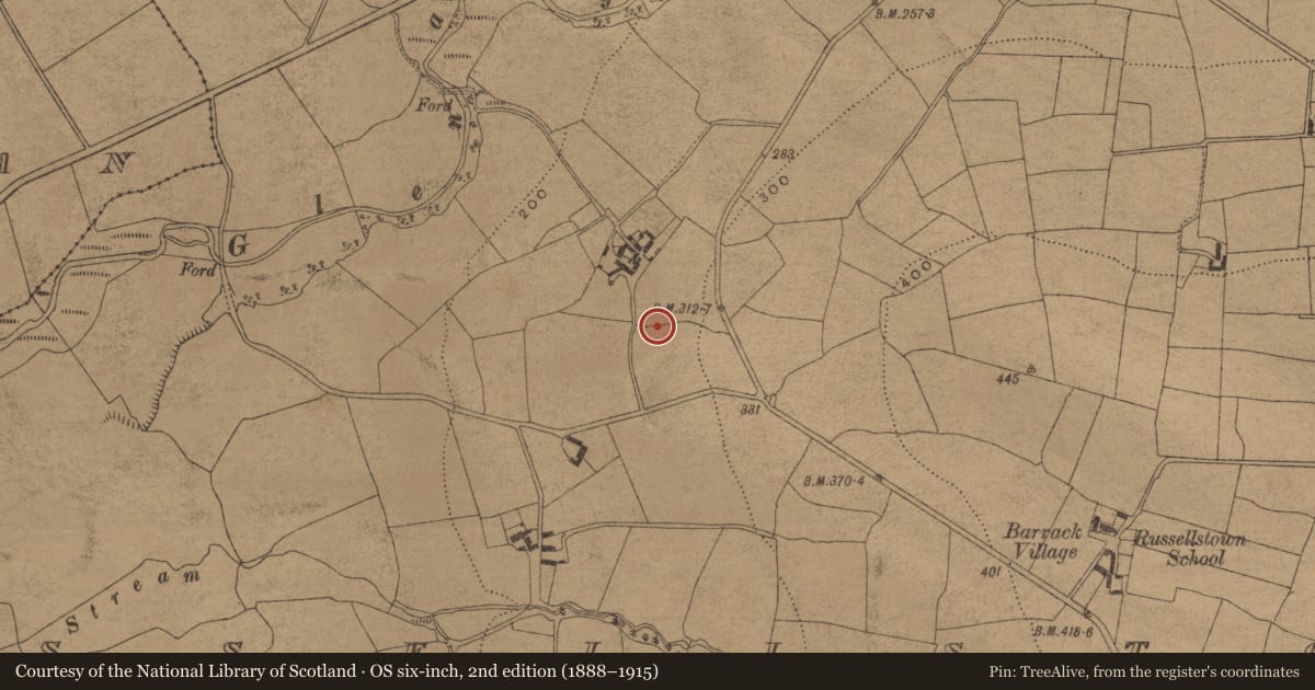 Ordnance Survey six-inch map, 2nd edition (1888–1915) covering the location of Ringfort - unclassified, Russellstown, County Waterford, with a pin at the register's coordinates