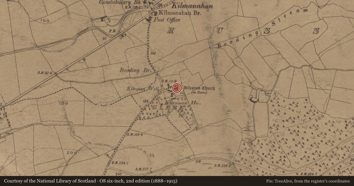 Ordnance Survey six-inch map, 2nd edition (1888–1915) covering the location of Church, Glebe, County Waterford, with a pin at the register's coordinates
