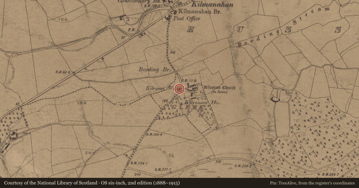 Ordnance Survey six-inch map, 2nd edition (1888–1915) covering the location of Ritual site - holy well, Glebe, County Waterford, with a pin at the register's coordinates